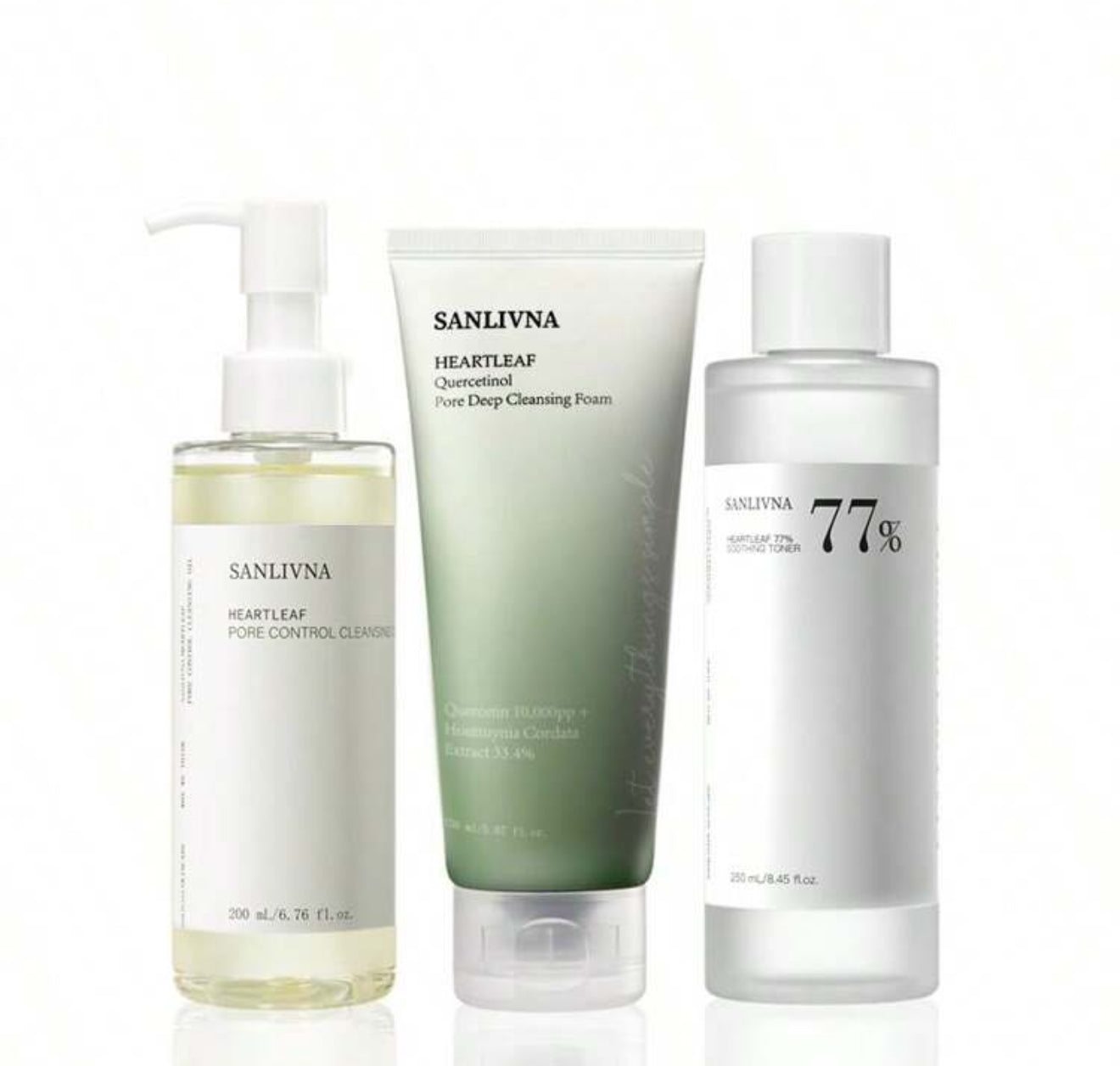 Sanlivna Heartleaf 77% Skin Care Set,
Cleansing Oil, Deep Cleansing Foam, Calming Toner
